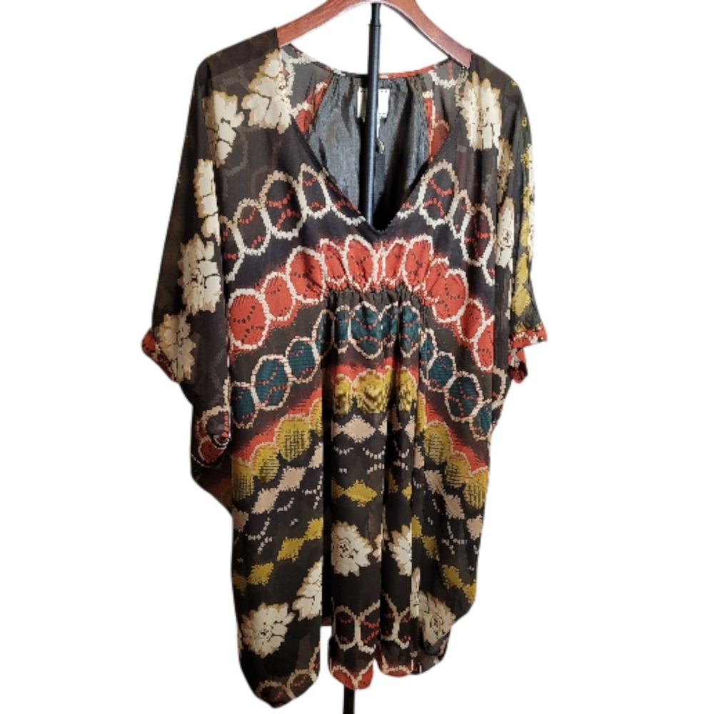 Vintage 90s Chiffon Kaftan Mini Dress Tunic 8 Boho‎ 70s Style Resortwear Beach